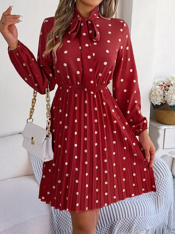 Polka-Dot Long-Sleeved Mini Dress with Pleated Skirt and Bow Tie Neckline