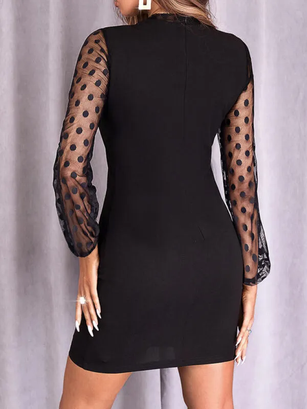 Polka Dot Mesh Mini Dress with Sheer Long Sleeves