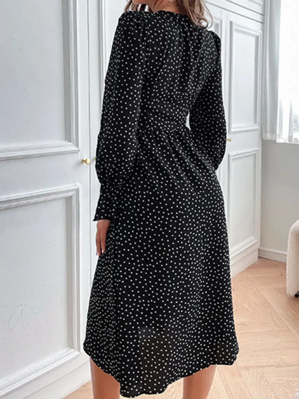 Polka Dot Midi Dress with Long Sleeves and Button-Down Front