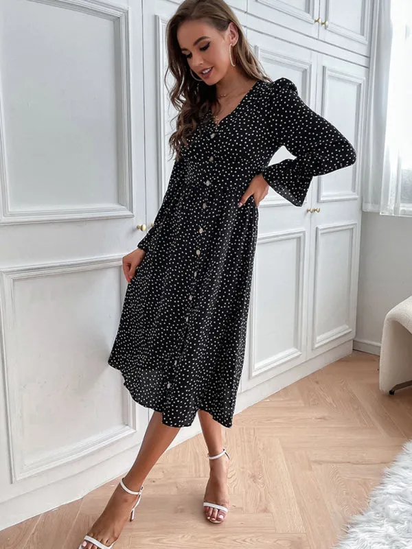 Polka Dot Midi Dress with Long Sleeves and Button-Down Front