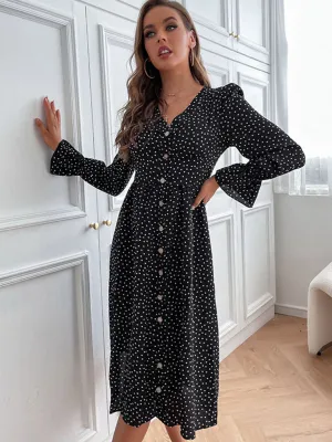Polka Dot Midi Dress with Long Sleeves and Button-Down Front
