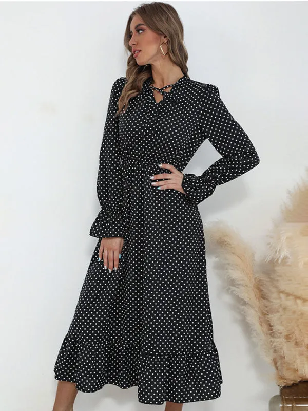 Polka Dot Midi Dress with Ruffle Hem and Tie-Neck