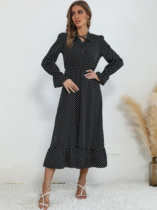 Polka Dot Midi Dress with Ruffle Hem and Tie-Neck