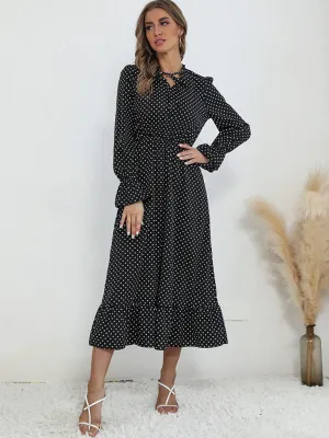 Polka Dot Midi Dress with Ruffle Hem and Tie-Neck
