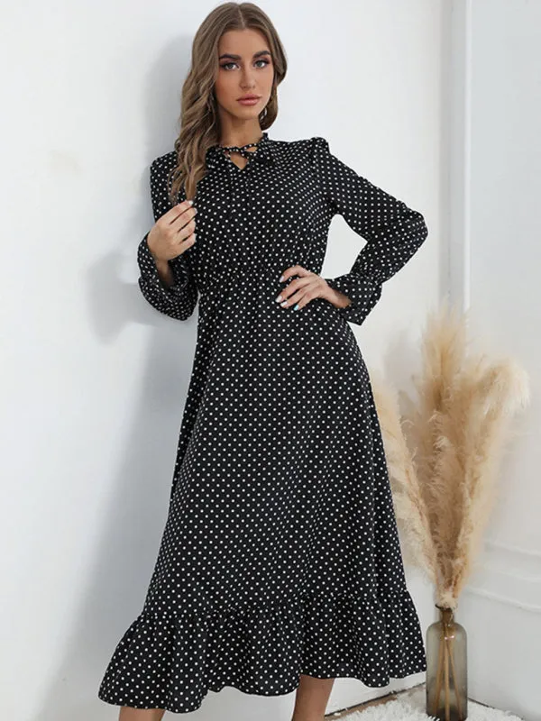 Polka Dot Midi Dress with Ruffle Hem and Tie-Neck