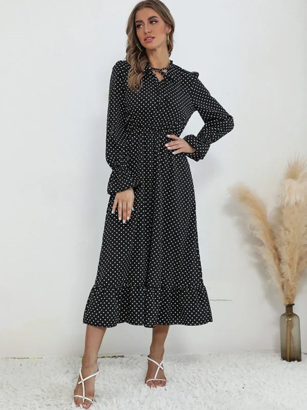 Polka Dot Midi Dress with Ruffle Hem and Tie-Neck