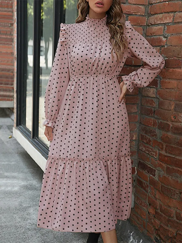 Polka Dot Midi Dress with Ruffled Neckline and Tiered Skirt