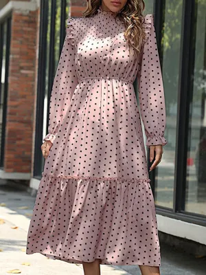 Polka Dot Midi Dress with Ruffled Neckline and Tiered Skirt
