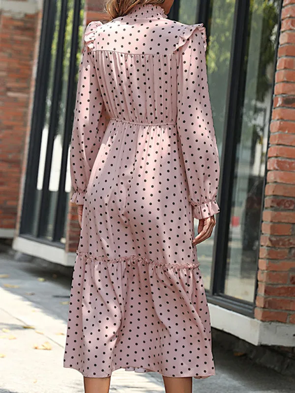 Polka Dot Midi Dress with Ruffled Neckline and Tiered Skirt