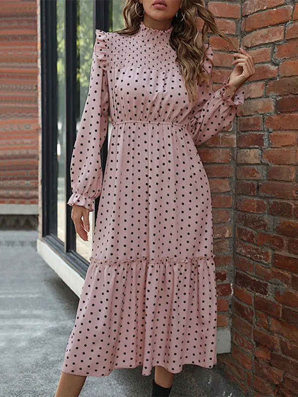 Polka Dot Midi Dress with Ruffled Neckline and Tiered Skirt