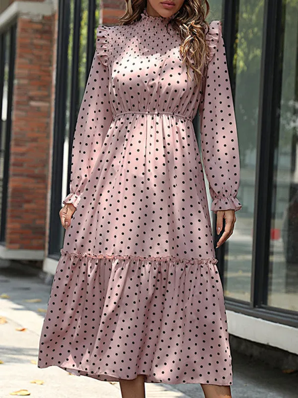 Polka Dot Midi Dress with Ruffled Neckline and Tiered Skirt