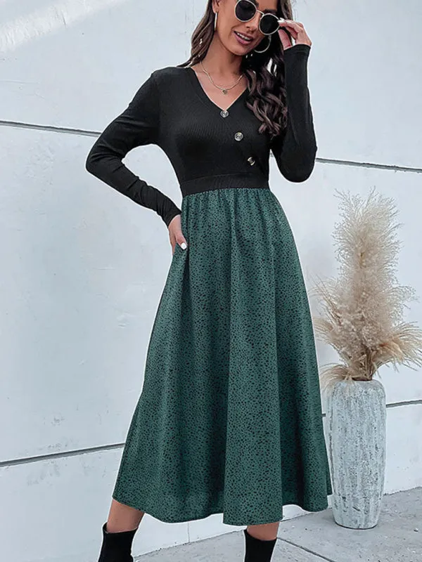 Polka Dot Midi Dress with V-Neck and Button Details