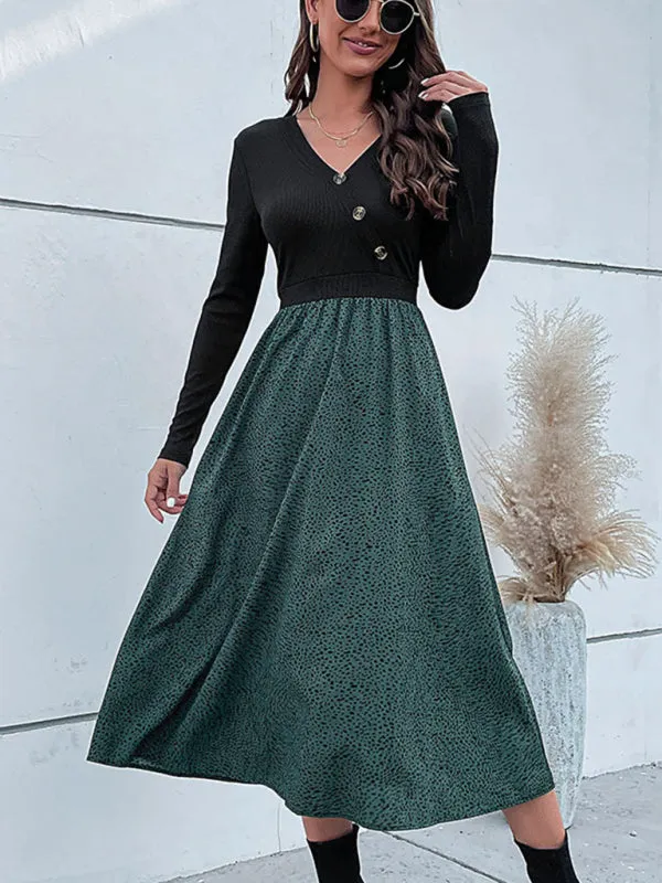 Polka Dot Midi Dress with V-Neck and Button Details