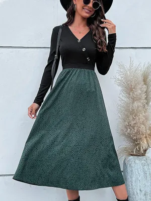 Polka Dot Midi Dress with V-Neck and Button Details