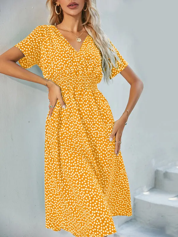 Polka Dot Midi Dress with V-Neck and Fitted Waist