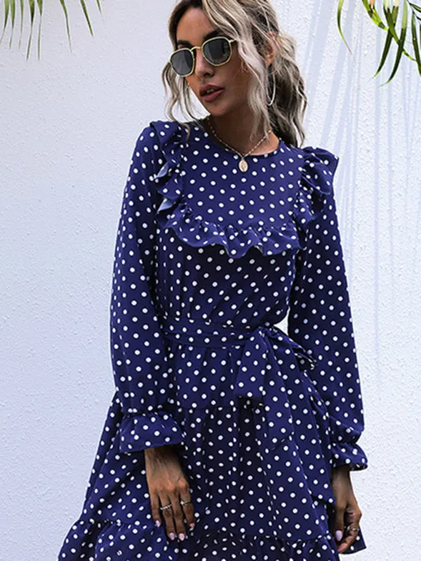 Polka Dot Mini Dress with Ruffle Long Sleeves and Tie Waist