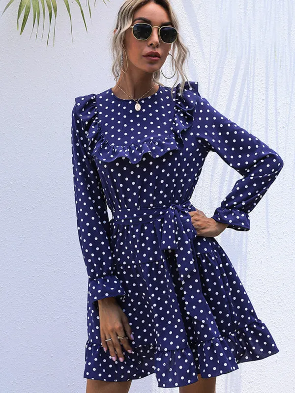 Polka Dot Mini Dress with Ruffle Long Sleeves and Tie Waist