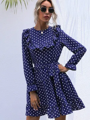 Polka Dot Mini Dress with Ruffle Long Sleeves and Tie Waist
