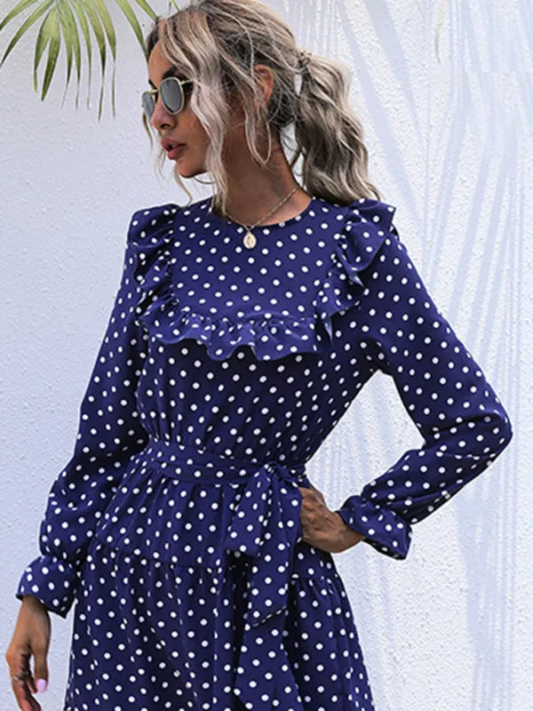 Polka Dot Mini Dress with Ruffle Long Sleeves and Tie Waist