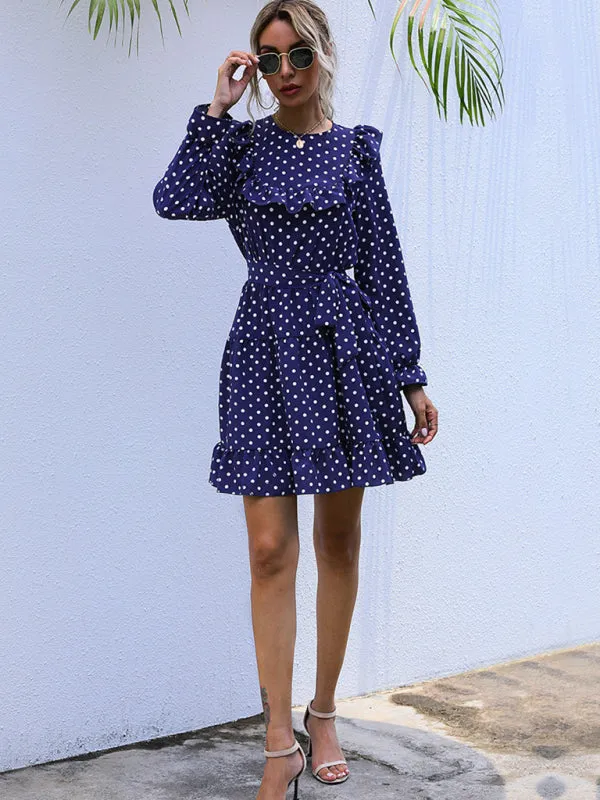 Polka Dot Mini Dress with Ruffle Long Sleeves and Tie Waist