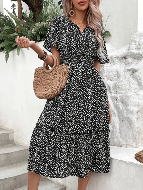 Polka Dot Print Midi Dress with V-Neck and Waist-Cinching Design