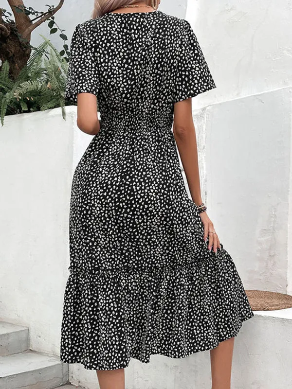 Polka Dot Print Midi Dress with V-Neck and Waist-Cinching Design