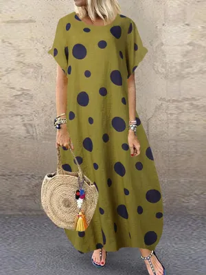 Polka Dot Print O-neck Loose Bohemian Long Women Maxi Dress