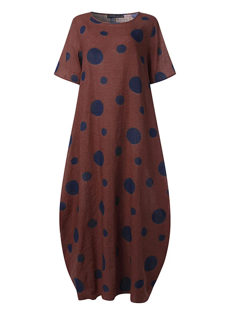 Polka Dot Print O-neck Loose Bohemian Long Women Maxi Dress