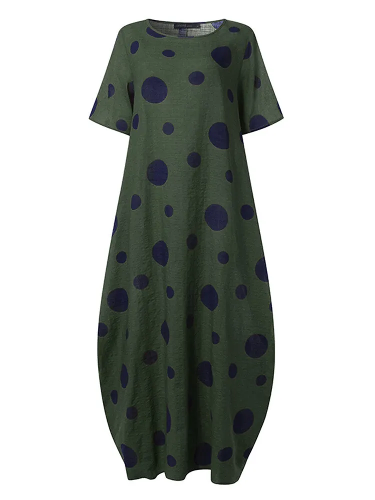 Polka Dot Print O-neck Loose Bohemian Long Women Maxi Dress