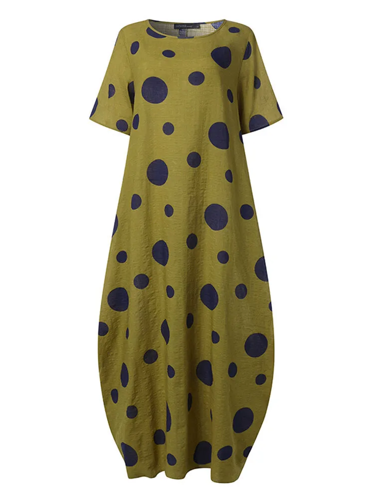 Polka Dot Print O-neck Loose Bohemian Long Women Maxi Dress