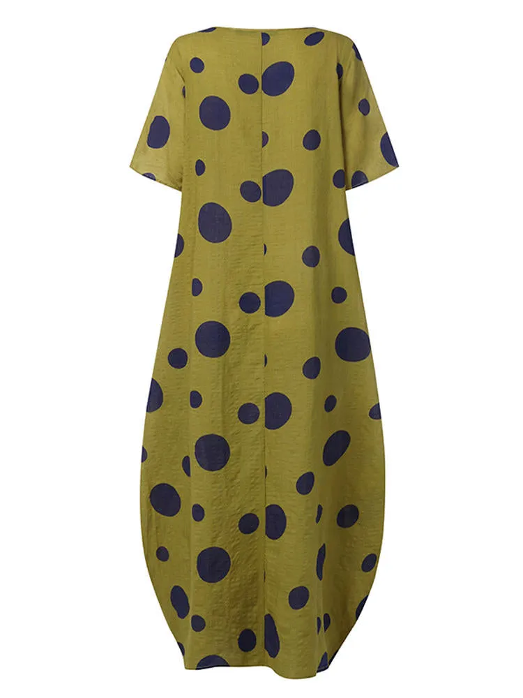Polka Dot Print O-neck Loose Bohemian Long Women Maxi Dress