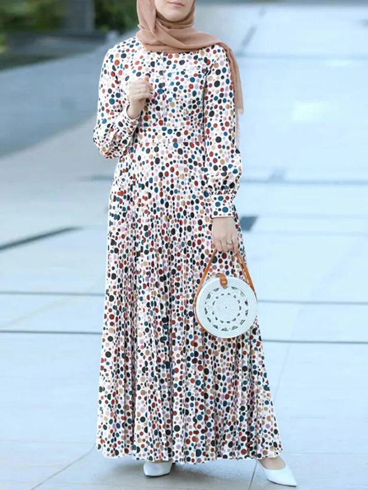 Polka Dot Print Round Neck Long Sleeve Bohemian Zipper Casual Women Maxi Dress