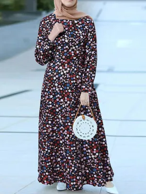 Polka Dot Print Round Neck Long Sleeve Bohemian Zipper Casual Women Maxi Dress