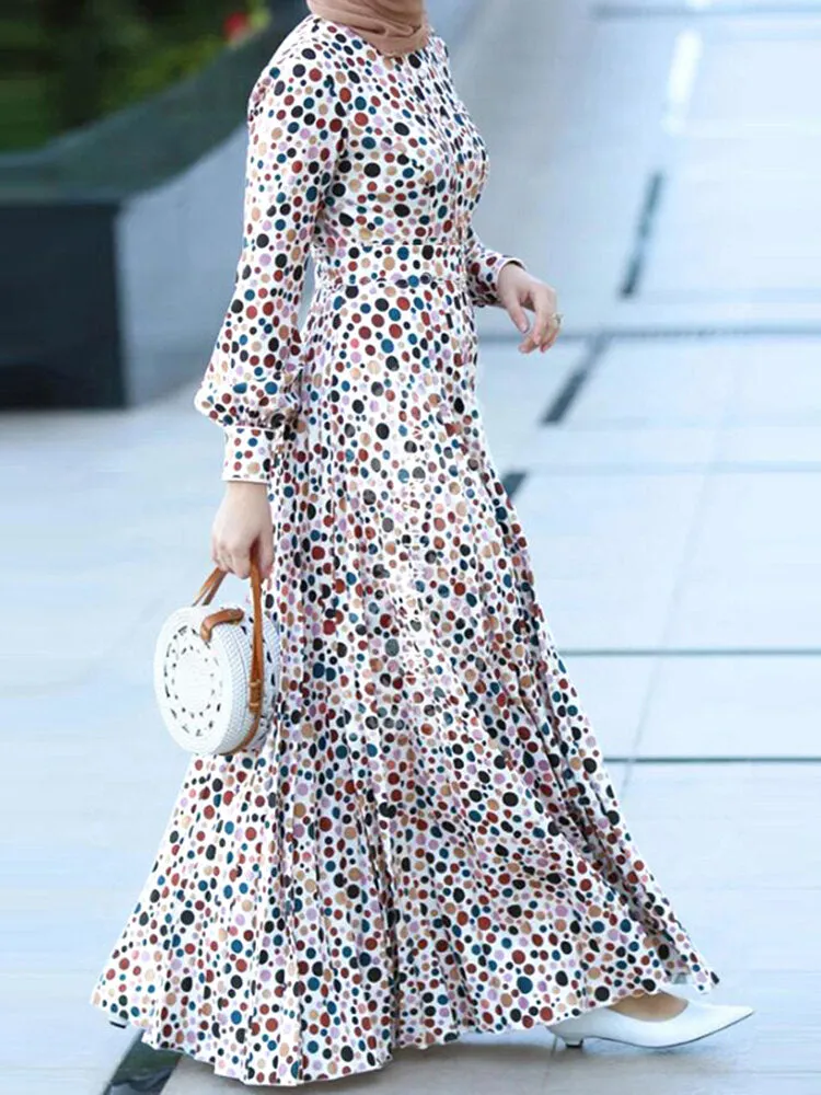 Polka Dot Print Round Neck Long Sleeve Bohemian Zipper Casual Women Maxi Dress