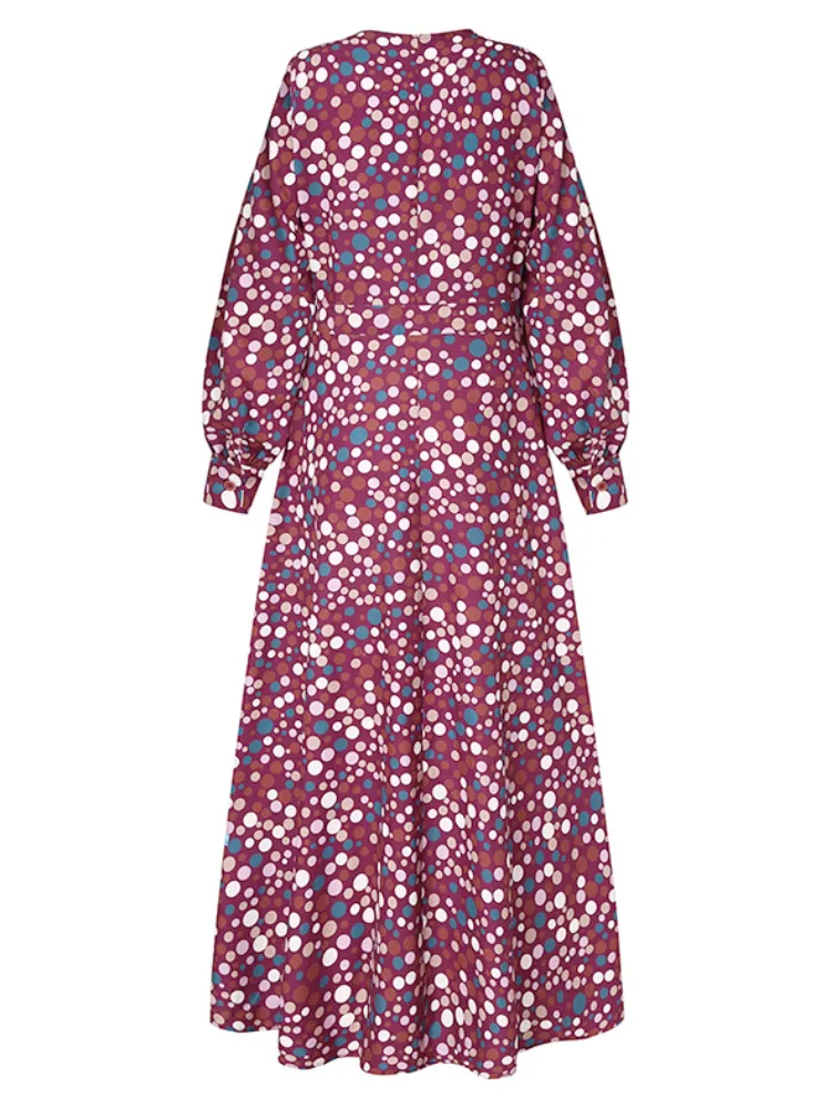 Polka Dot Print Round Neck Long Sleeve Bohemian Zipper Casual Women Maxi Dress