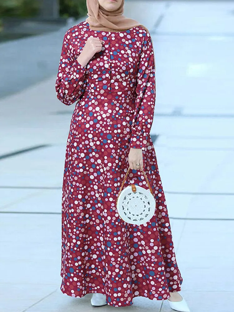 Polka Dot Print Round Neck Long Sleeve Bohemian Zipper Casual Women Maxi Dress
