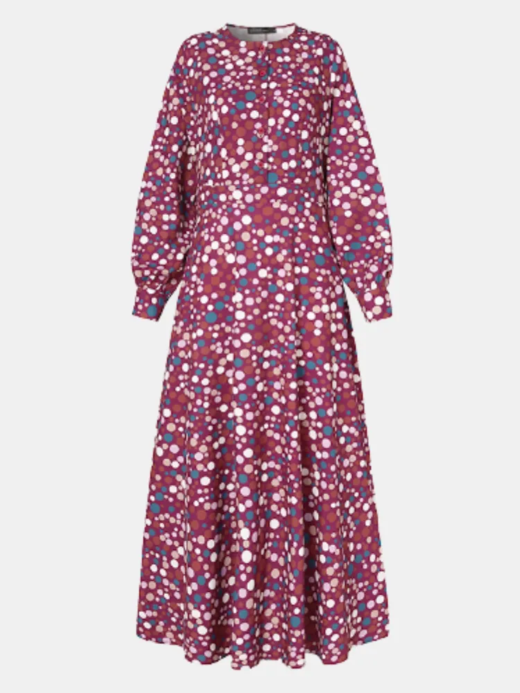 Polka Dot Print Round Neck Long Sleeve Bohemian Zipper Casual Women Maxi Dress