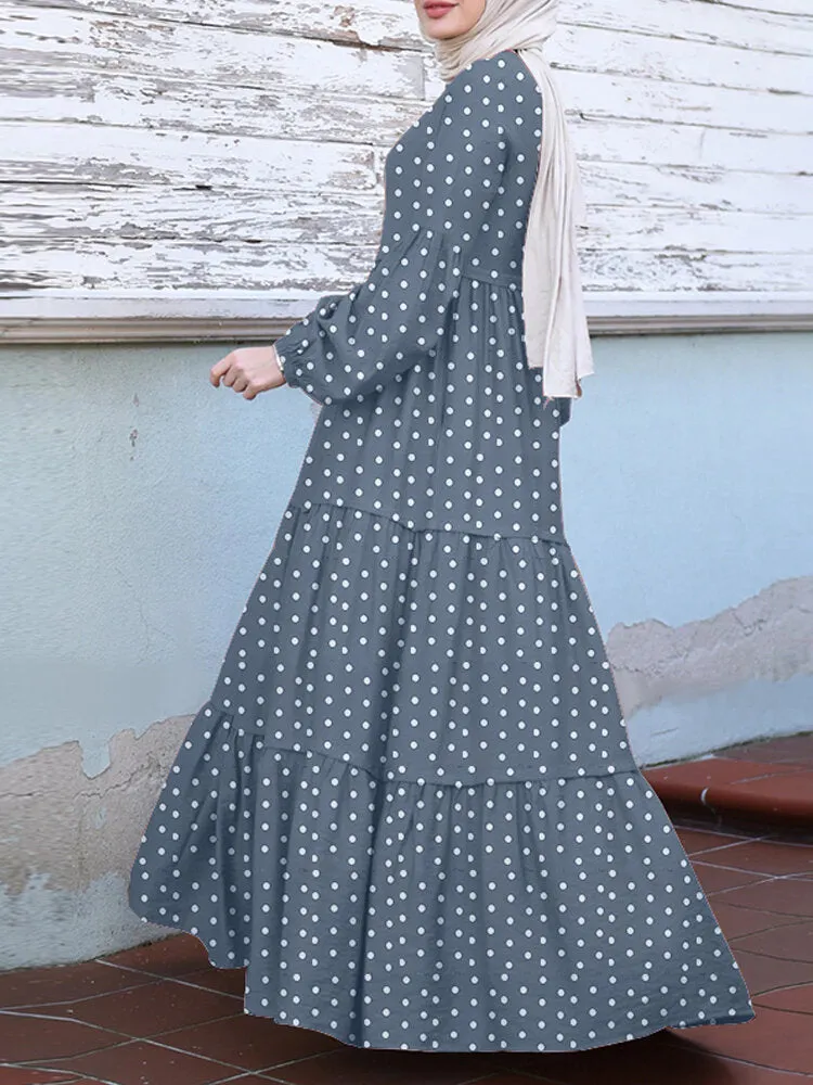 Polka Dot Puff Sleeve Tiered Swing Bohemian Kaftan Women Maxi Dress