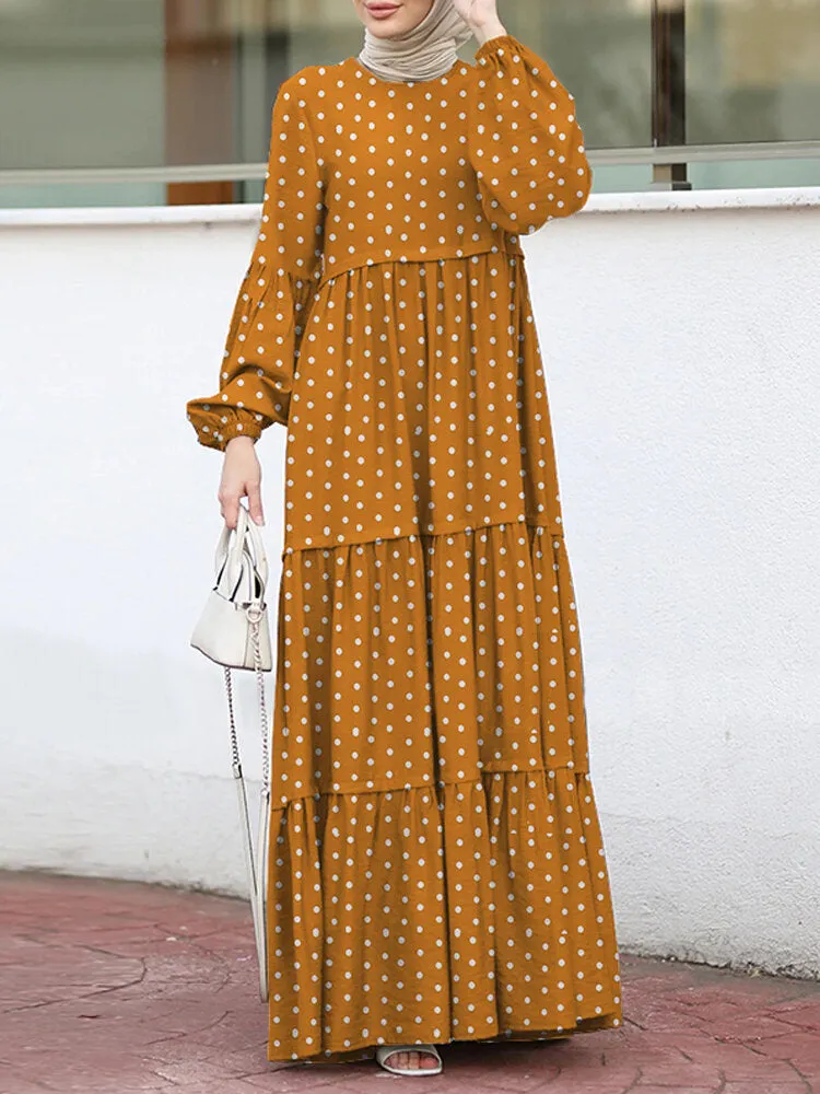 Polka Dot Puff Sleeve Tiered Swing Bohemian Kaftan Women Maxi Dress