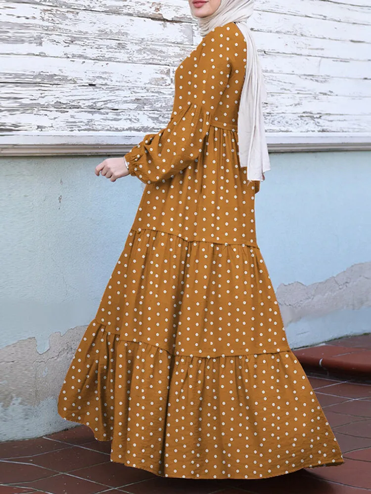 Polka Dot Puff Sleeve Tiered Swing Bohemian Kaftan Women Maxi Dress