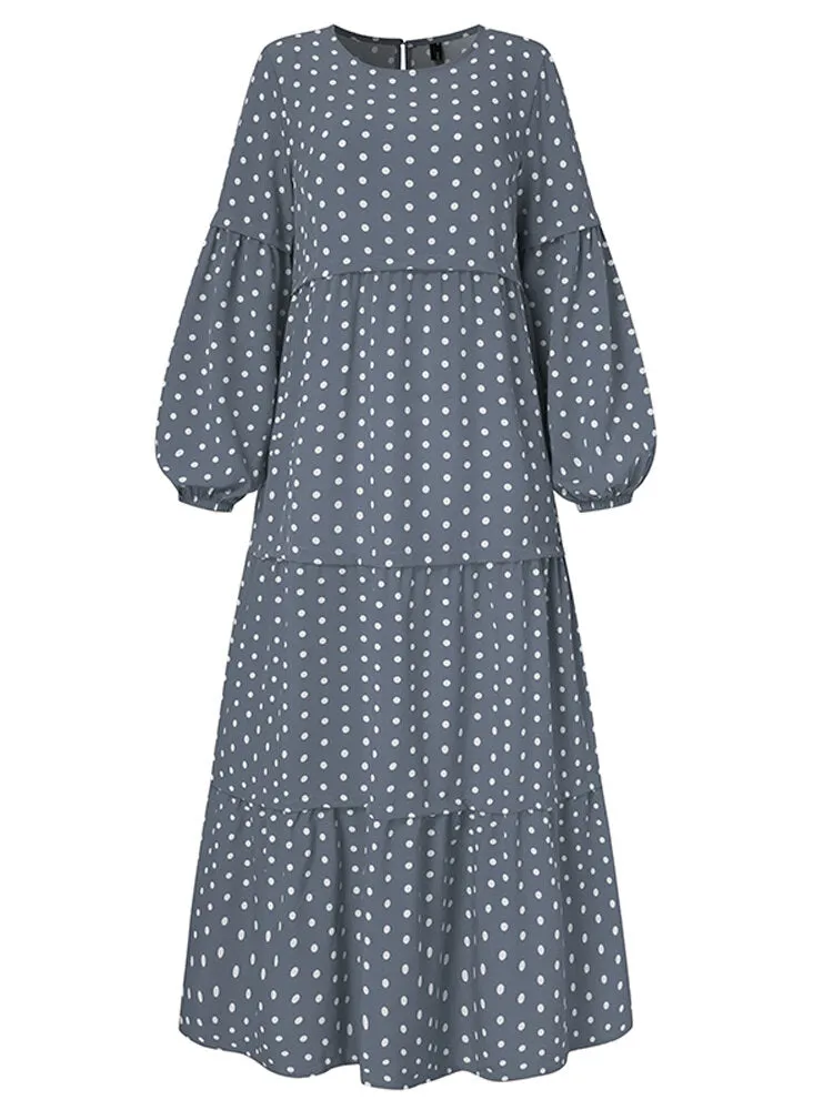 Polka Dot Puff Sleeve Tiered Swing Bohemian Kaftan Women Maxi Dress