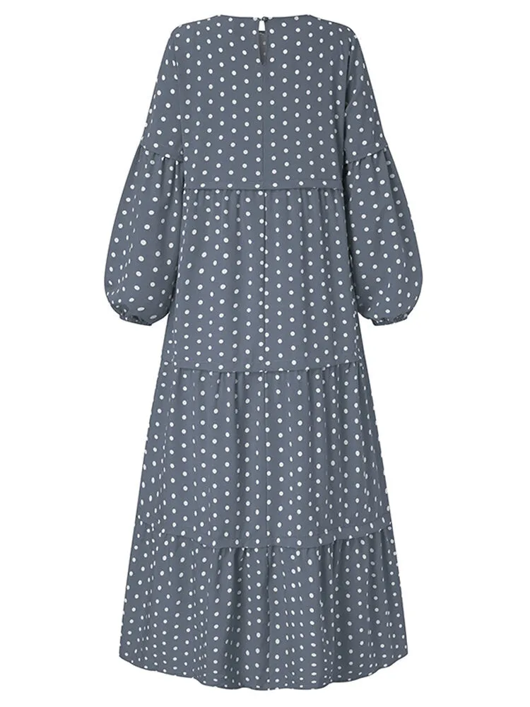 Polka Dot Puff Sleeve Tiered Swing Bohemian Kaftan Women Maxi Dress