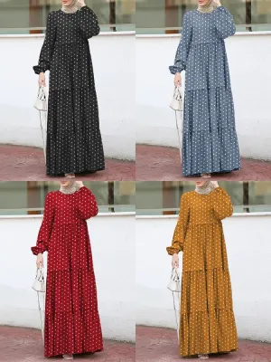 Polka Dot Puff Sleeve Tiered Swing Bohemian Kaftan Women Maxi Dress