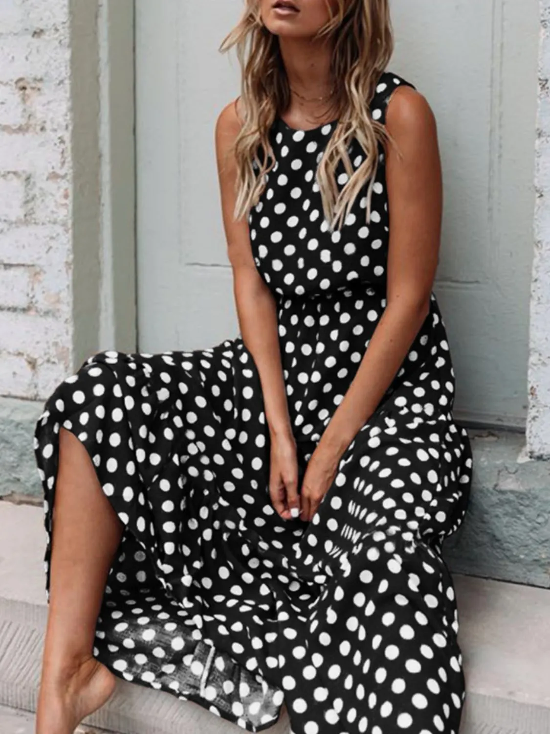 Polka Dot Round Neck Sleeveless Midi Dress