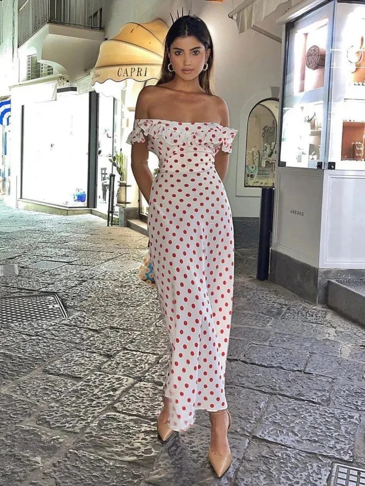 Polka Dot Ruffle Bandage Maxi Dress Off Shoulder Slim Elegant Party Dress Summer Holiday Sundress
