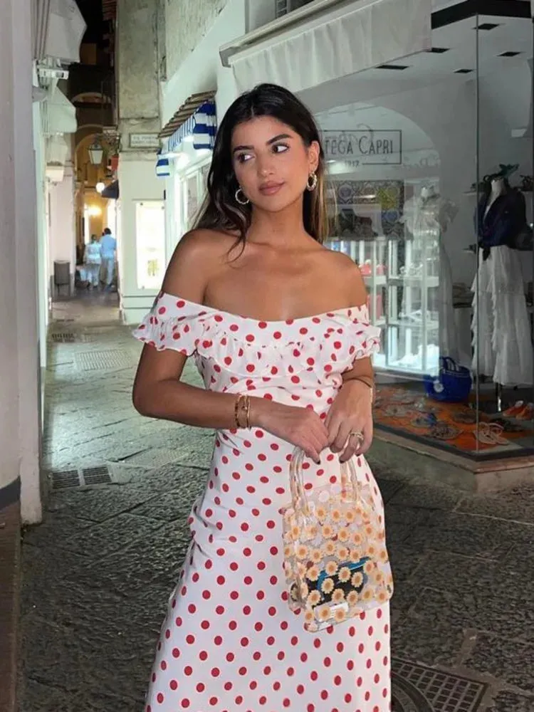 Polka Dot Ruffle Bandage Maxi Dress Off Shoulder Slim Elegant Party Dress Summer Holiday Sundress