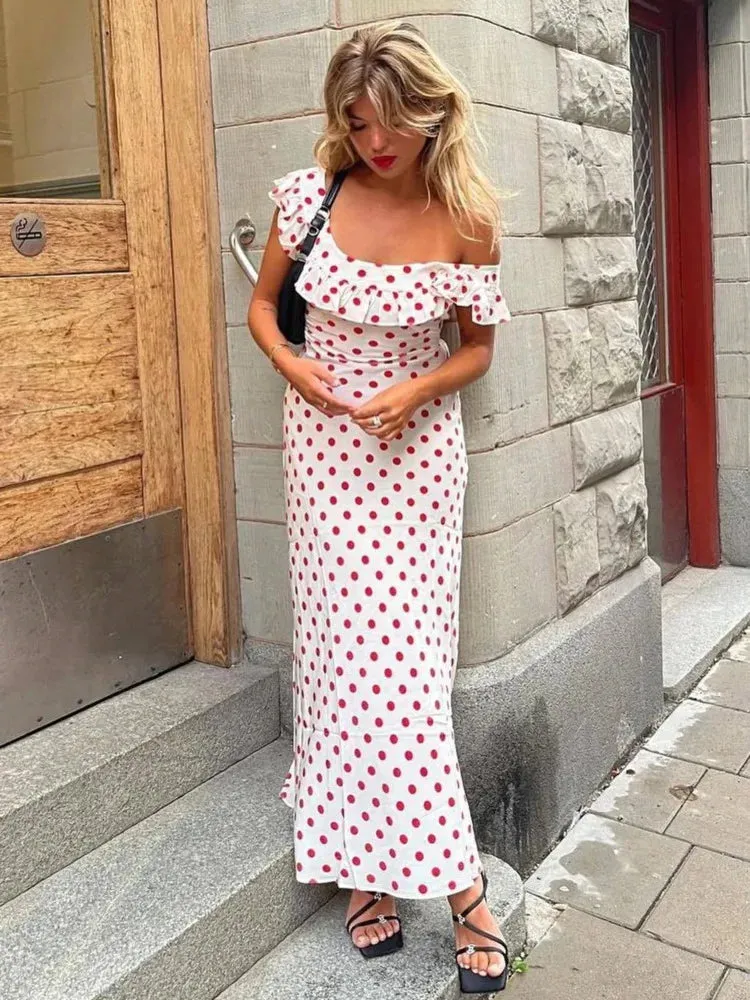 Polka Dot Ruffle Bandage Maxi Dress Off Shoulder Slim Elegant Party Dress Summer Holiday Sundress