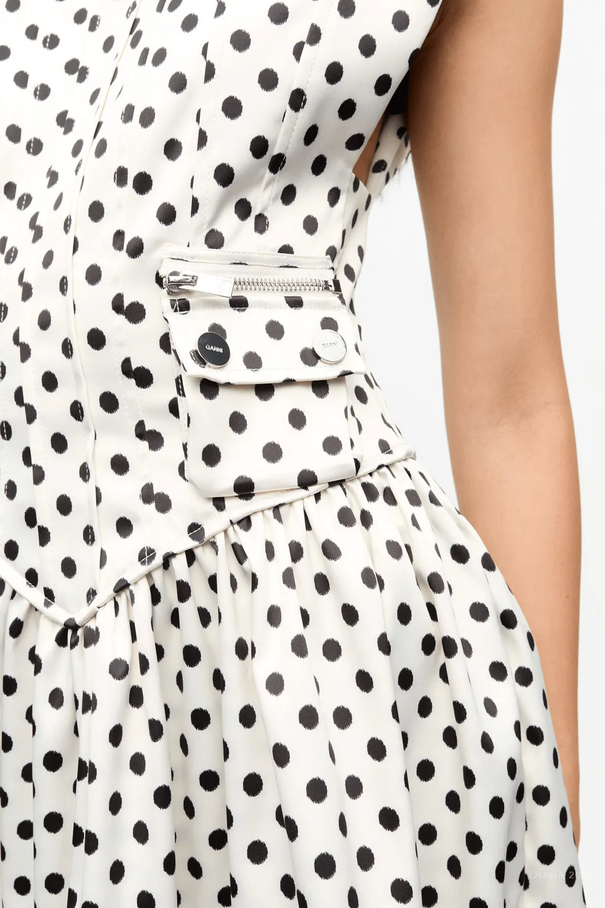 Polka-Dot Satin Corset Mini Dress in Egret