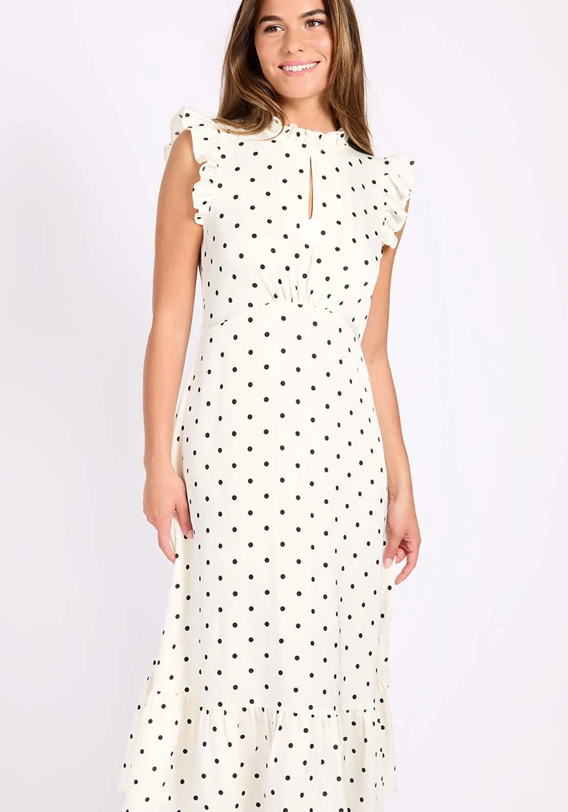 Polka Dot Satin Midi Dress - Cream