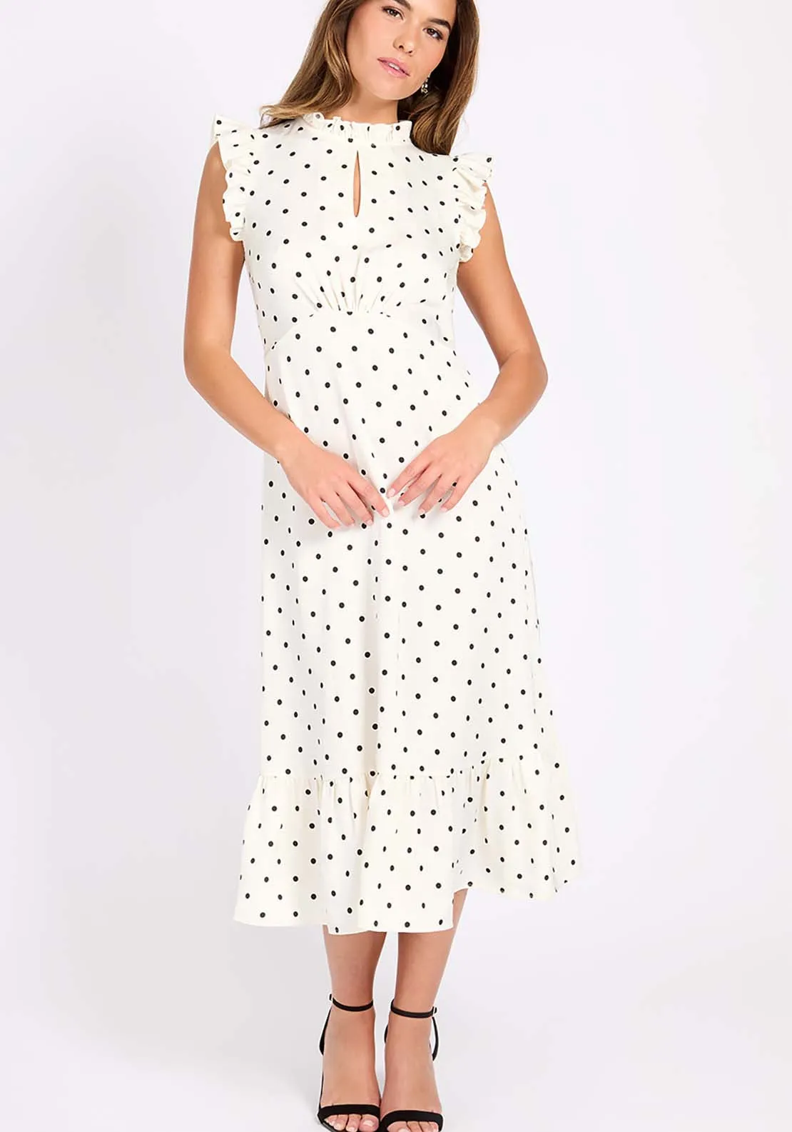 Polka Dot Satin Midi Dress - Cream